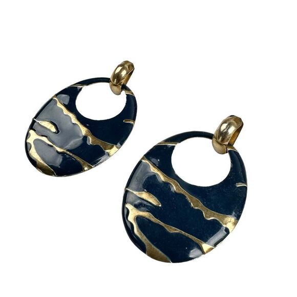 Vintage 80s Navy Gold Dressy Door Knocker Enamel Pierced Earrings Post Back - Picture 1 of 5